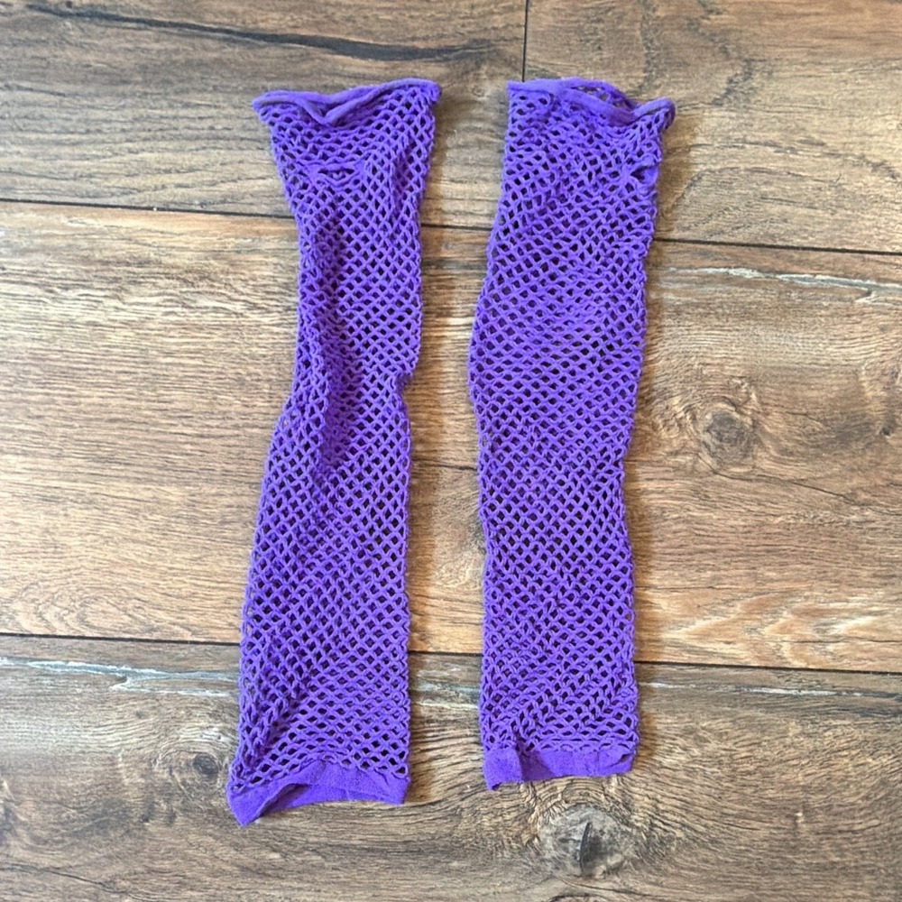 80s style Women's Purple Fishnet Fingerless Elbow Arm Warmers Nylon One Size